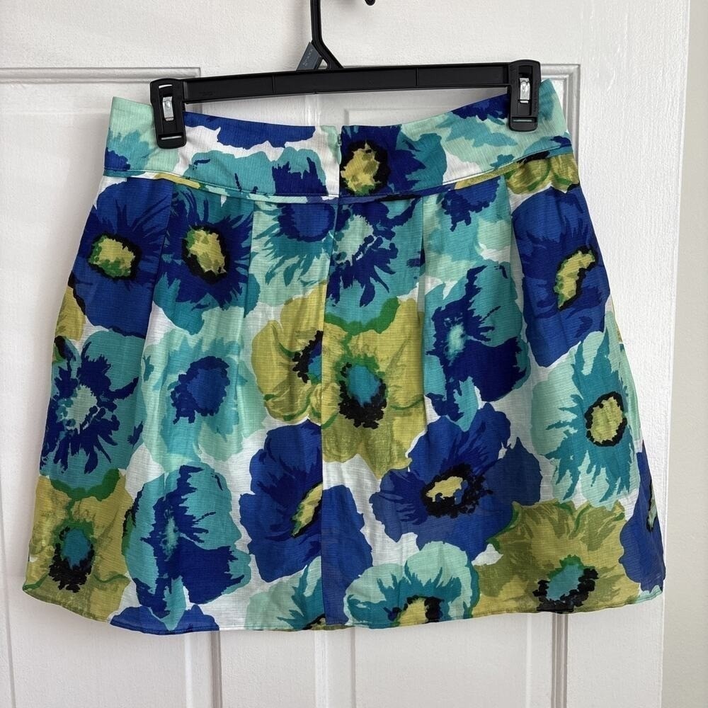 Ann‎ Taylor LOFT Floral Linen Blend Mini Skirt Blue Green White Size 8 NWT